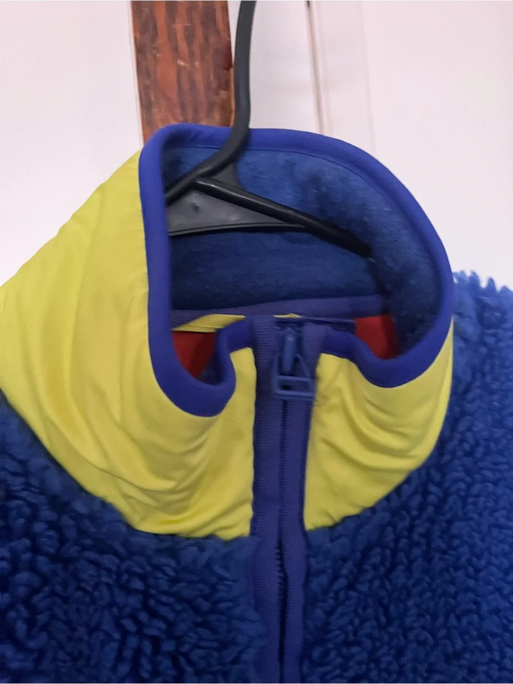 Tory Sport Blue Sherpa Puffer Jacket with Yellow Accents